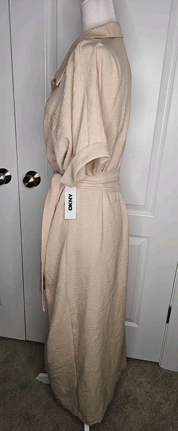 NWT DKNY Donna Karan Cotton Collared Button Belt Midi Shirt Dress Sz 14 Beige