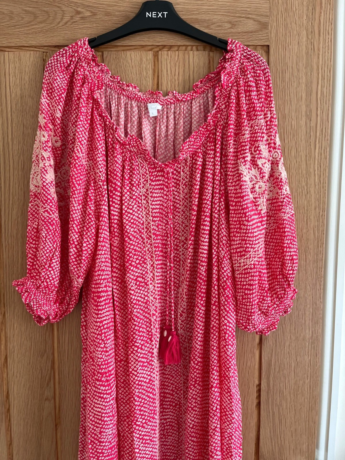 Monsoon Raspberry Red/Pink & White On-Off Shoulder Beach Dress, Size L, 18-20