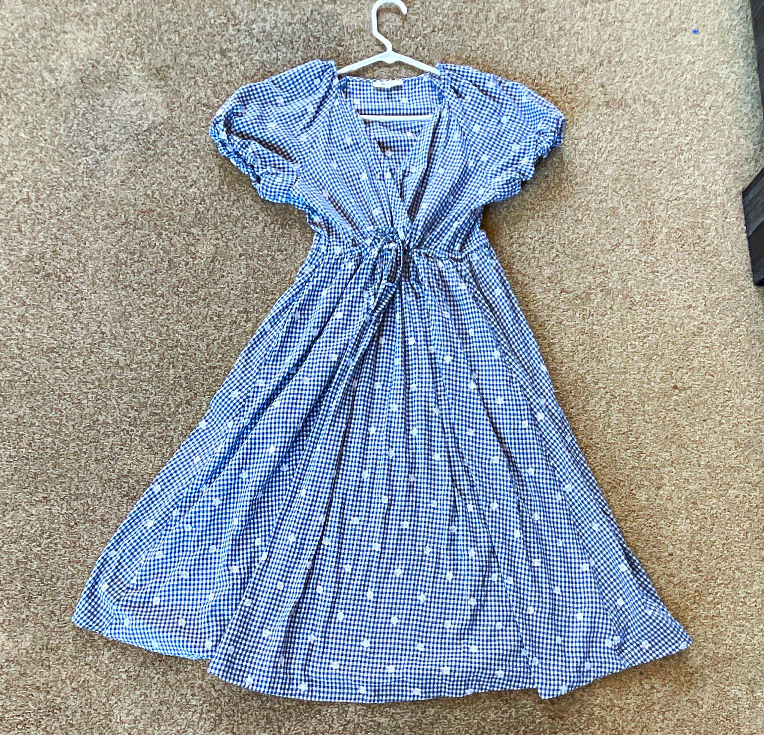 Madewell Blue/White Gingham V-Neck Puff Sleeve Smocked Midi Dress Size S