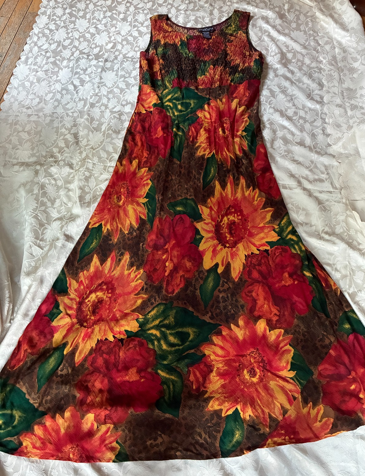 CAROL LITTLE VINTAGE LONG TANK DRESS IN LARGE FLORAL PRINT SMOKED BODICE 14 USA