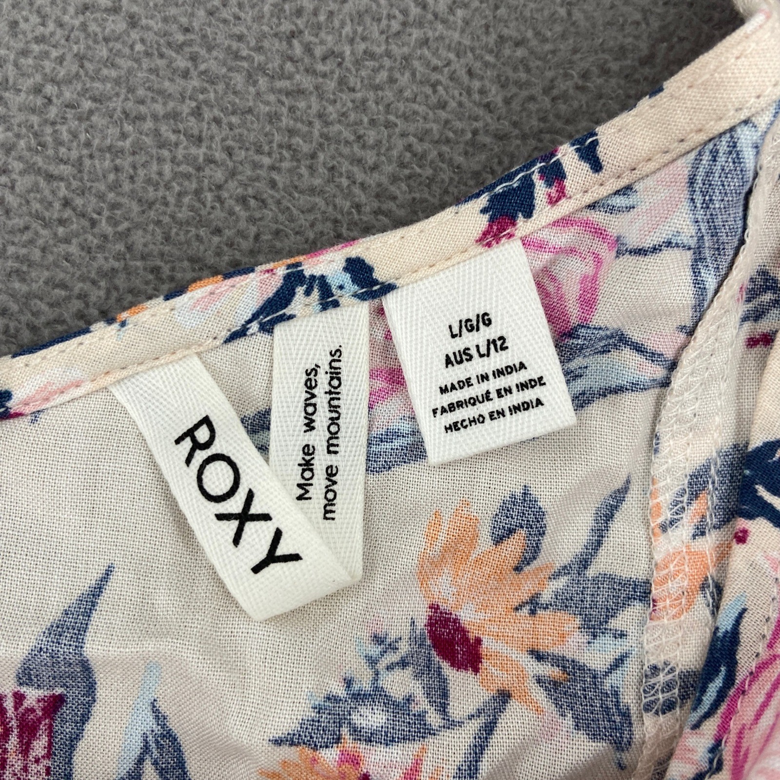 Roxy Floral Mini Dress Cream Pink Orange Blue Viscose Puff Sleeve Size L 4834