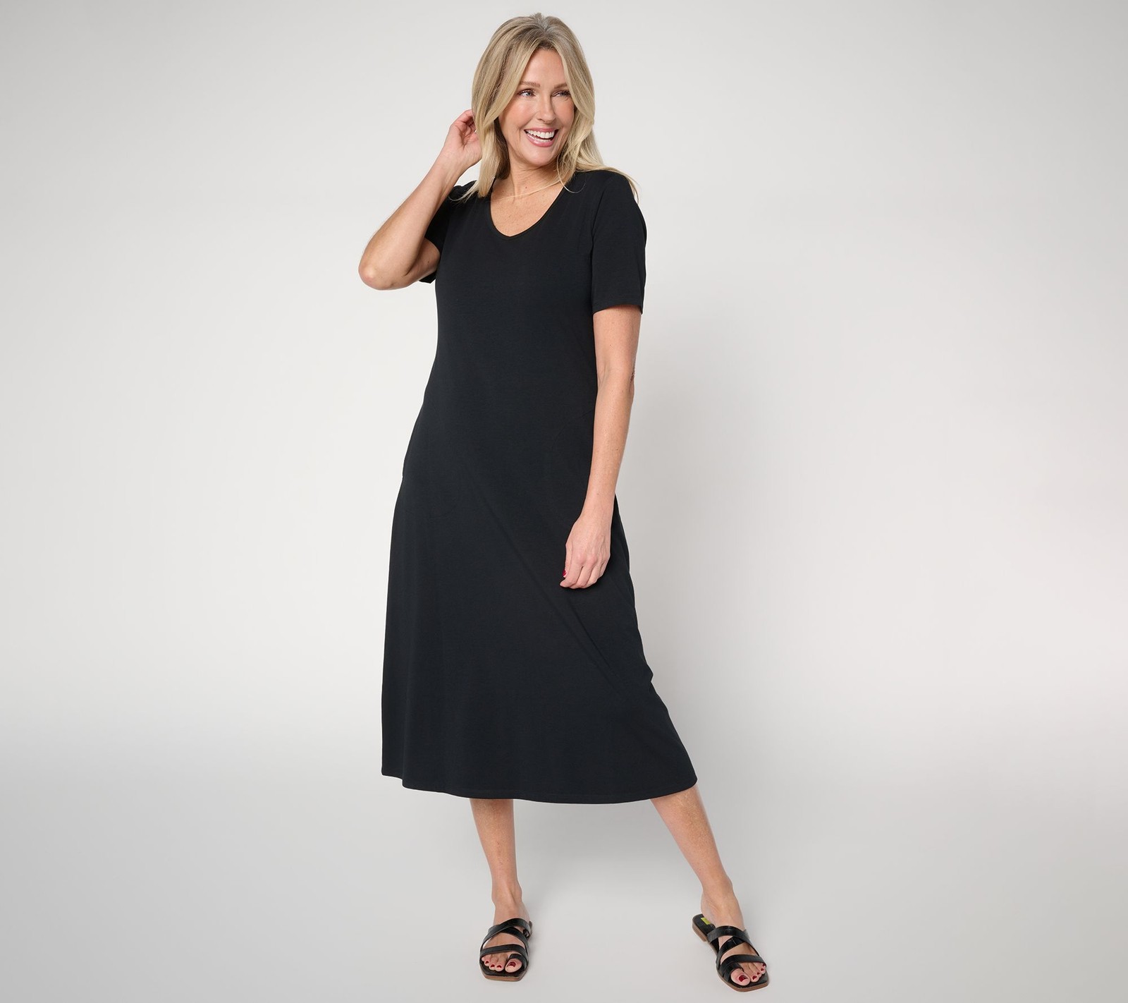 Denim & Co. Beach Jersey Regular Midi Dress with Pockets Black XS New