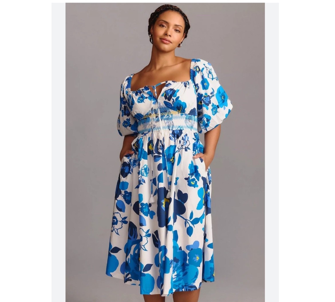 Plenty by Tracy Reese midi dress size LP blue floral cotton smocked cottagecore
