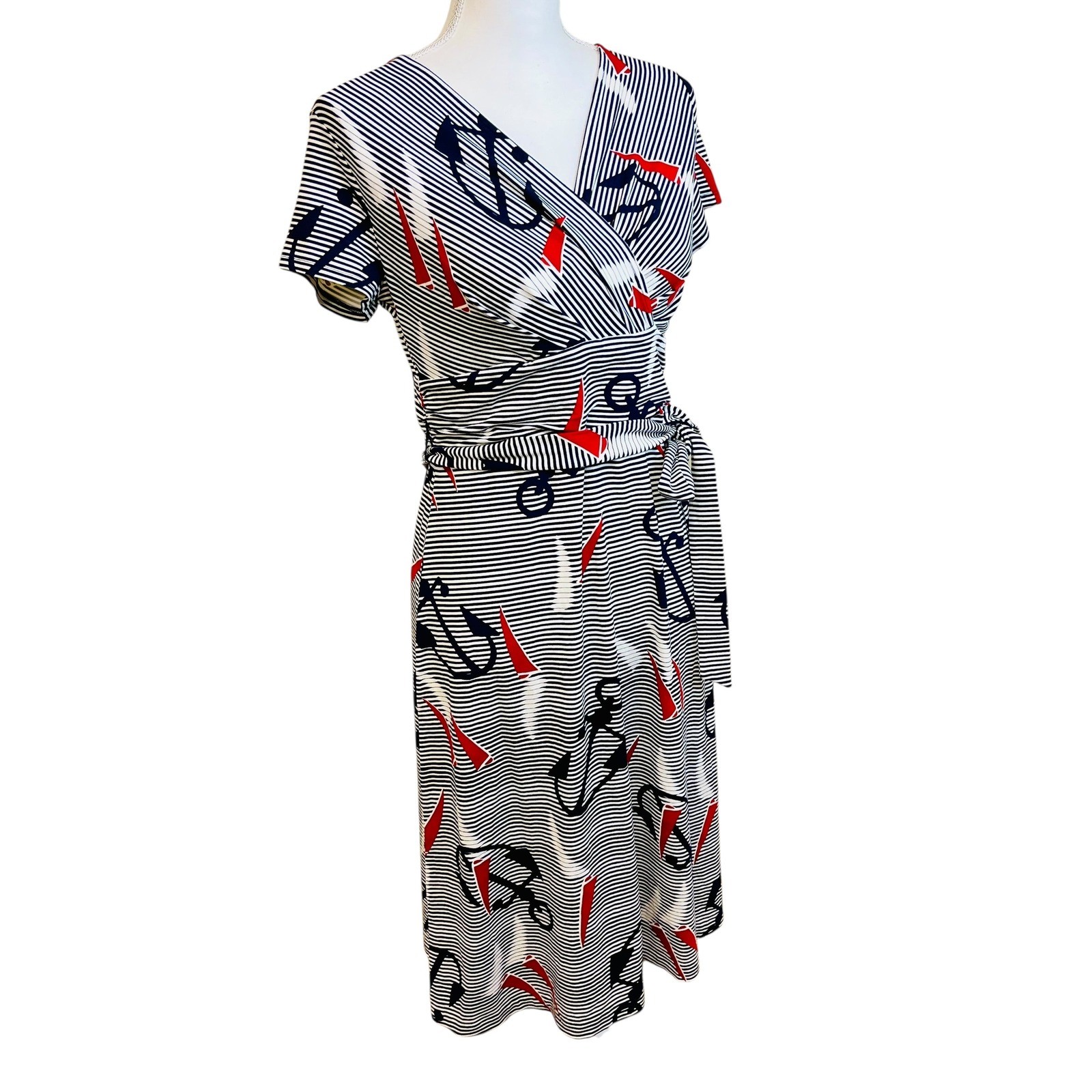 TALBOTS Striped Nautical Anchor Dress S P Fisherman Nautical Coastal Preppy