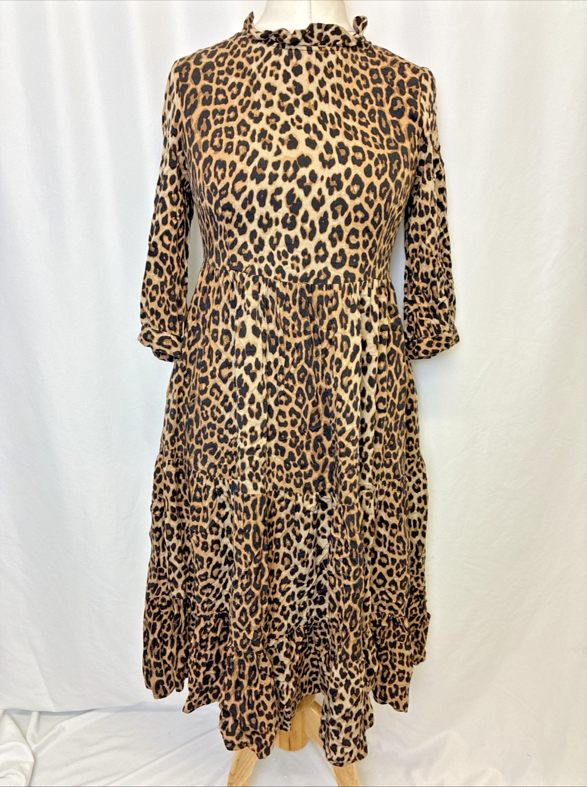 Joe Browns Leopard Print Tiered Dress 3/4 Sleeve Ruffle Women’s UK12 C5513