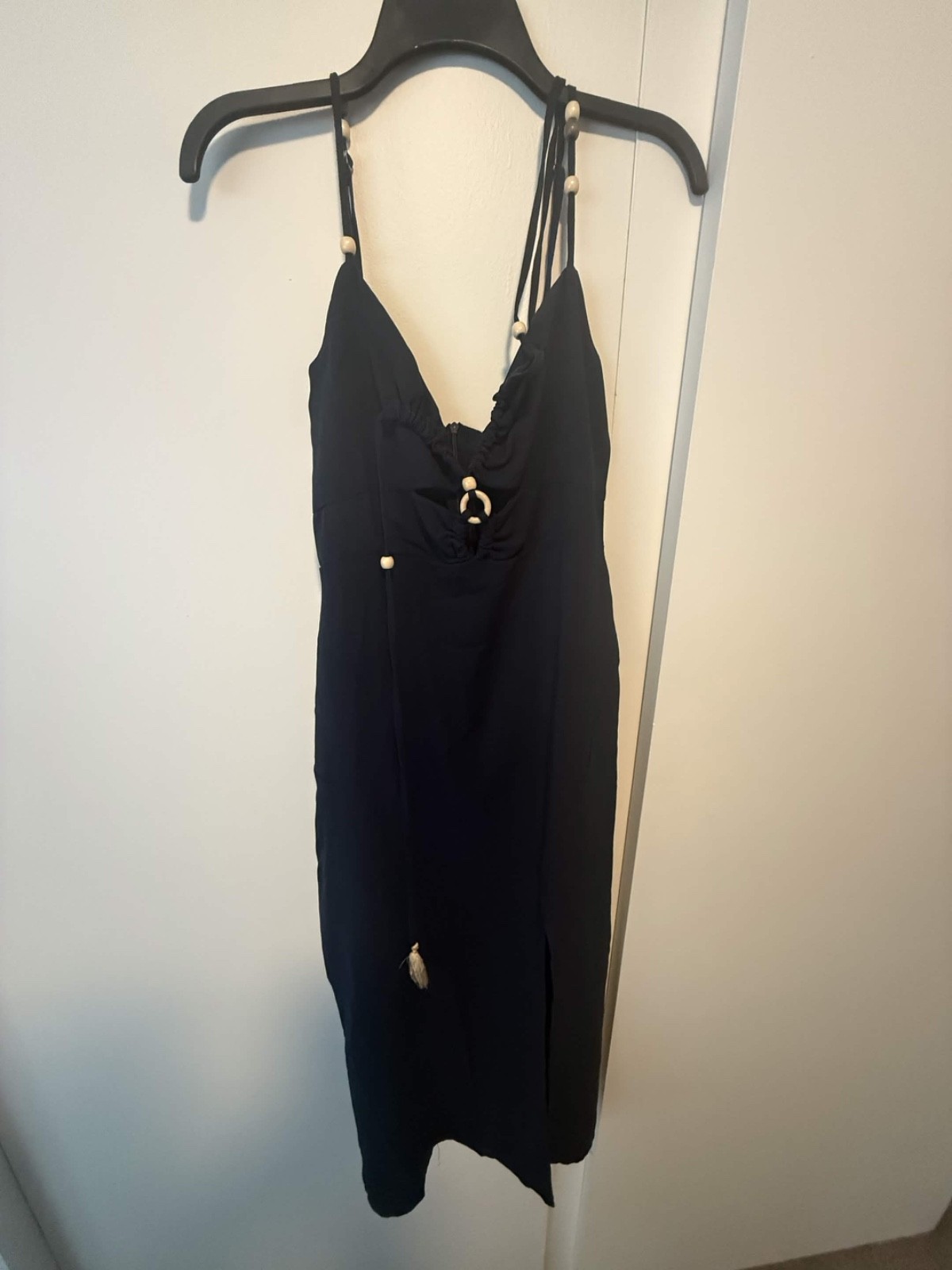 SHEIN Black Beaded Strap Maxi Dress V Neck Ring Tassel Sleeveless