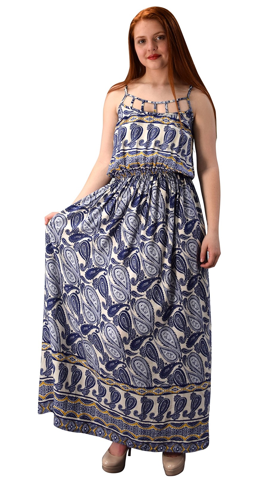 Paisley Printed Cut Out Neck Smocked Waist Maxi Dress Navy Orange Large