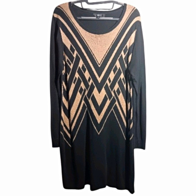 MOSSIMO Black & Gold Geometric Pattern Long Sleeve Sweater Dress Size XXL
