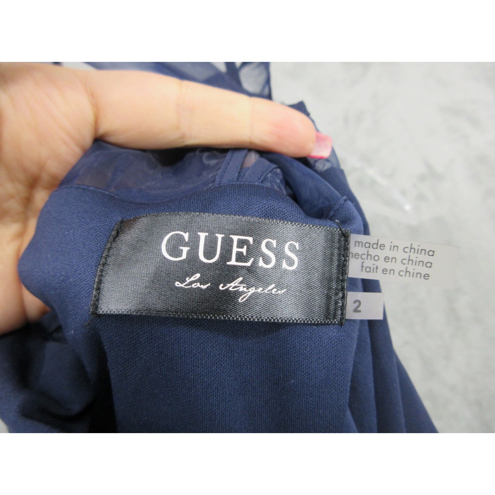 GUESS Dress Womens 2 Sheer Neckline Pleated Party Belted Navy Blue Event Zip