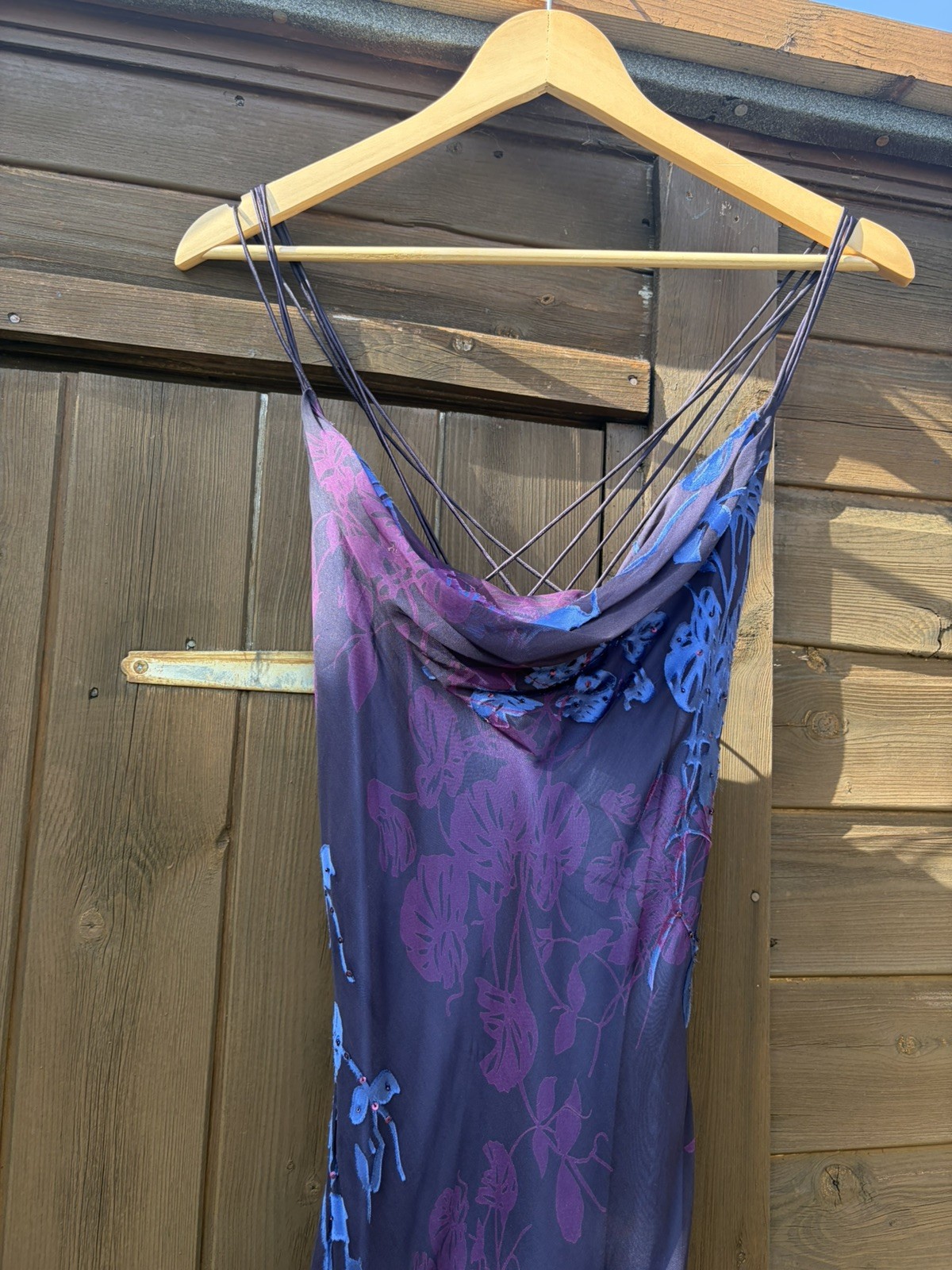 Y2k Monsoon purple blue silk devore cowl neck maxi evening wedding dress size 12