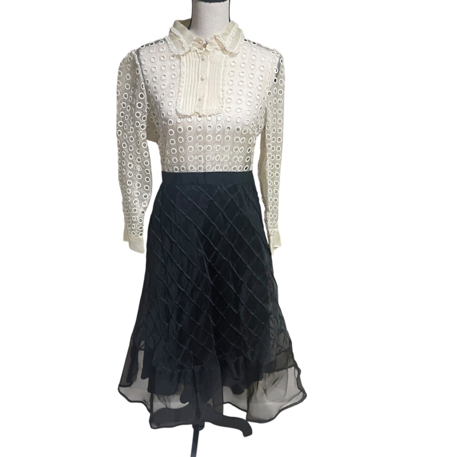 red Valentino midi dress with a geometric eyelet trim blouse pleated front