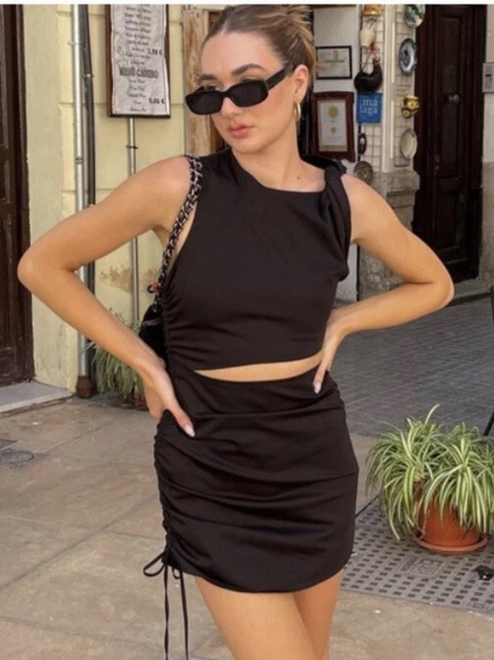 Zara Black Cotton Poplin Cut Out Drawstring Mini Dress Large