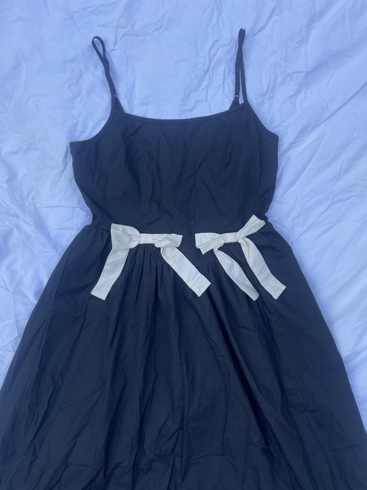 Moon River Black Ivory A-Line Midi Dress Tank Strappy Adjustable Bow Belt S