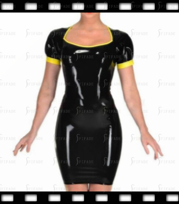 Latex Dress Pencil Skirt Square Neck Short Sleeves Yellow Trim Sexy Back Zip D84