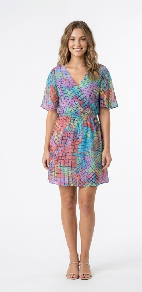 Presley Skye Mosaic Tile Print Faux Wrap Flutter Sleeve Colorful Silk Dress sz M
