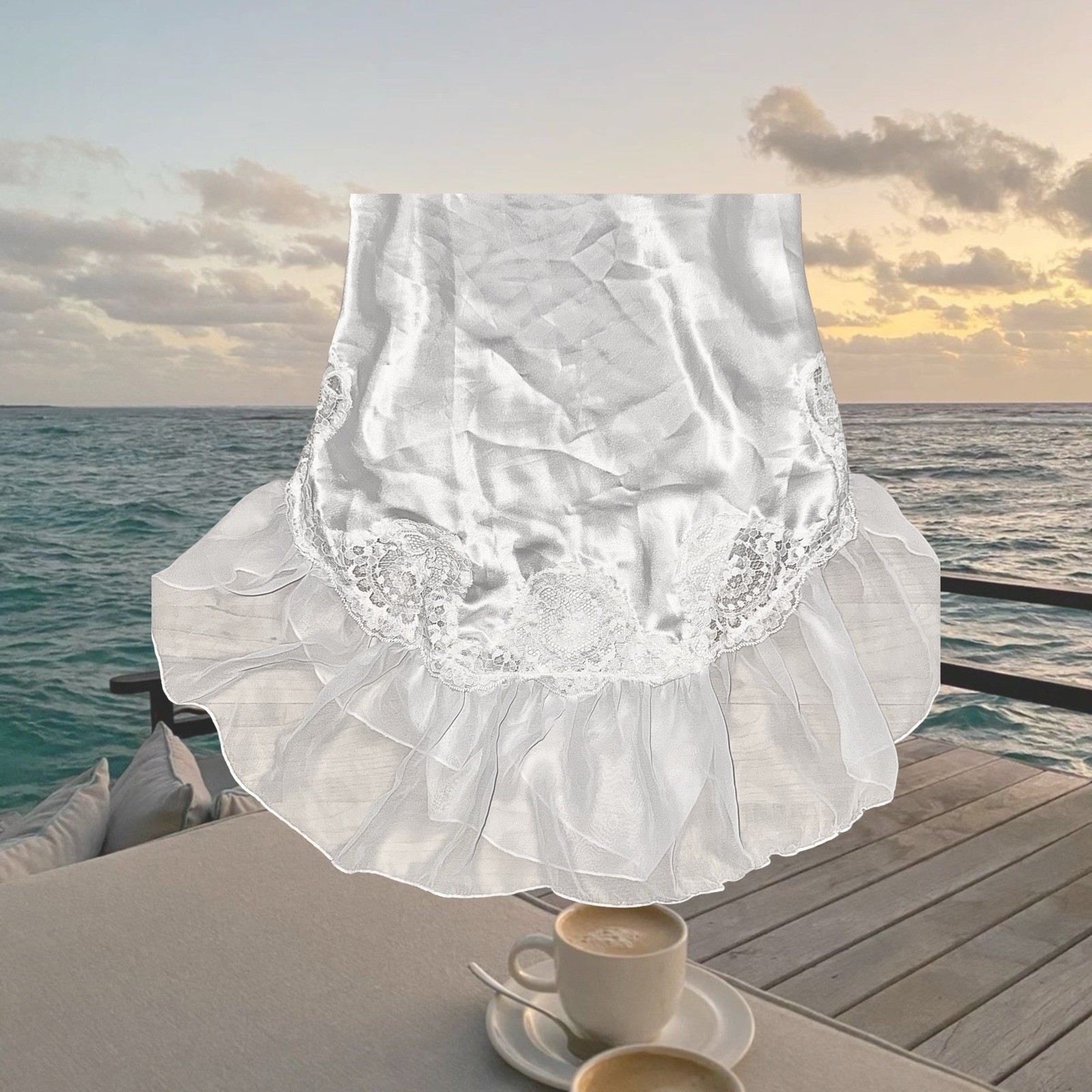 Vintage Y2K 90s Summer Party Cottage Silky White Satin Lace Ruffle Slip Dress