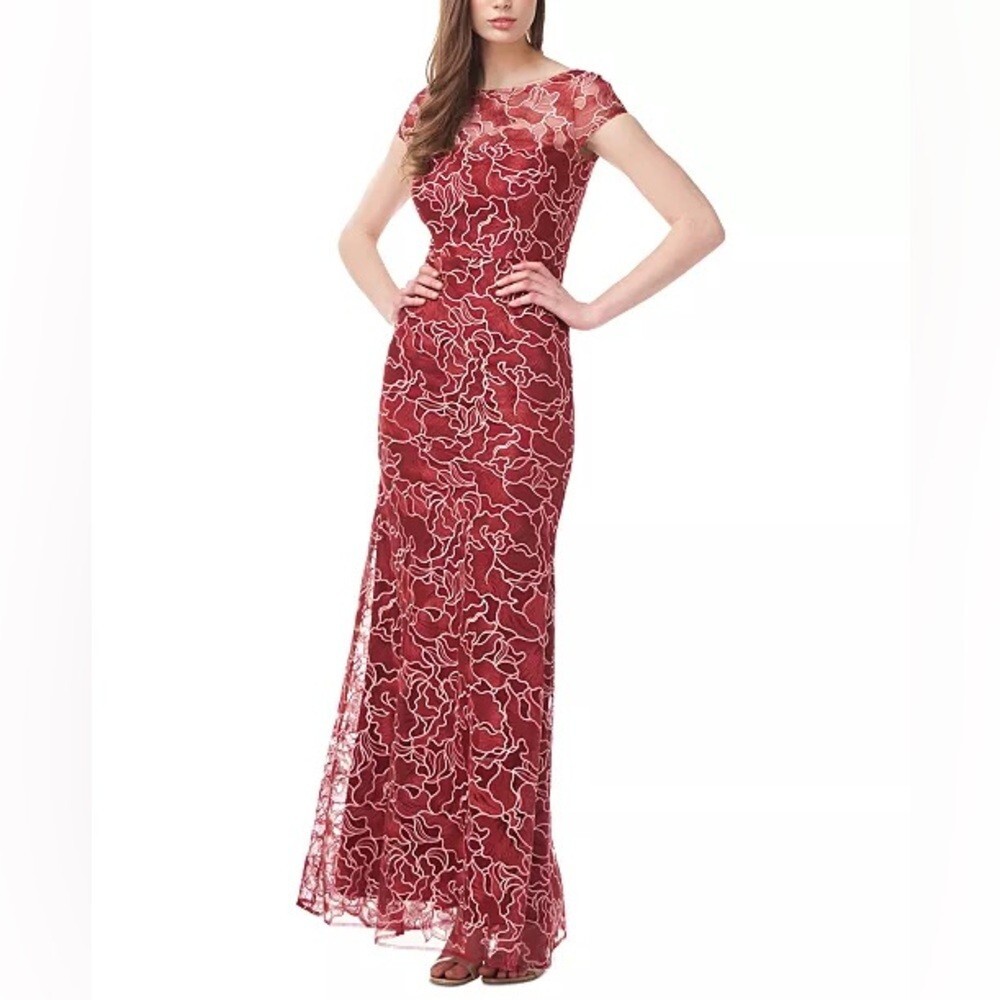JS Collections Emarie Embroidered Floral Lace Mermaid Gown in Scarlet Red Size 4