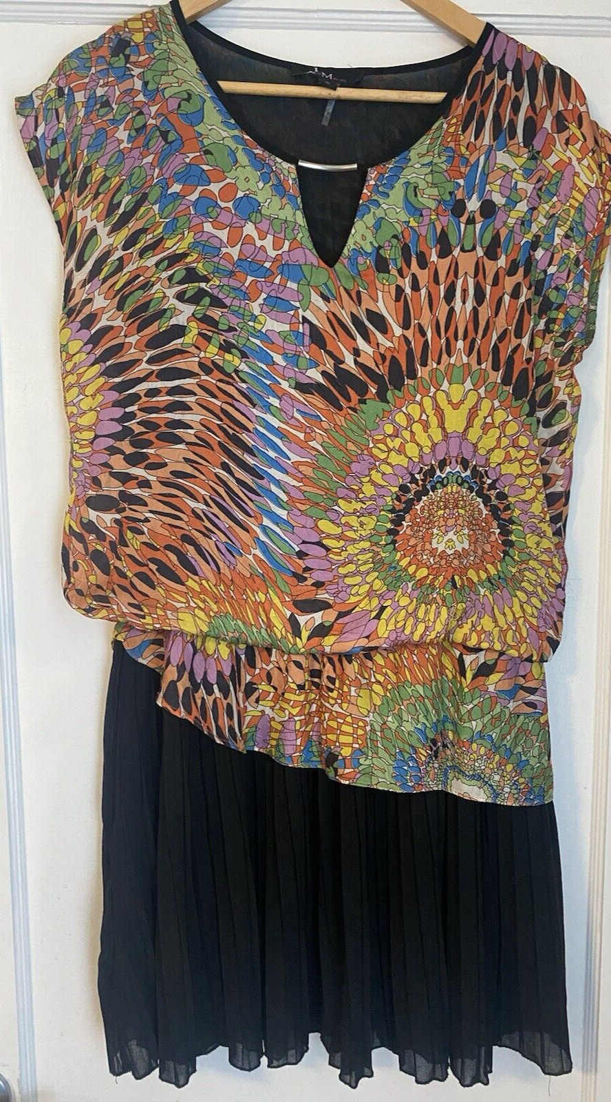 Alberto Makali black colorful geometric elastic waist lined midi dress S