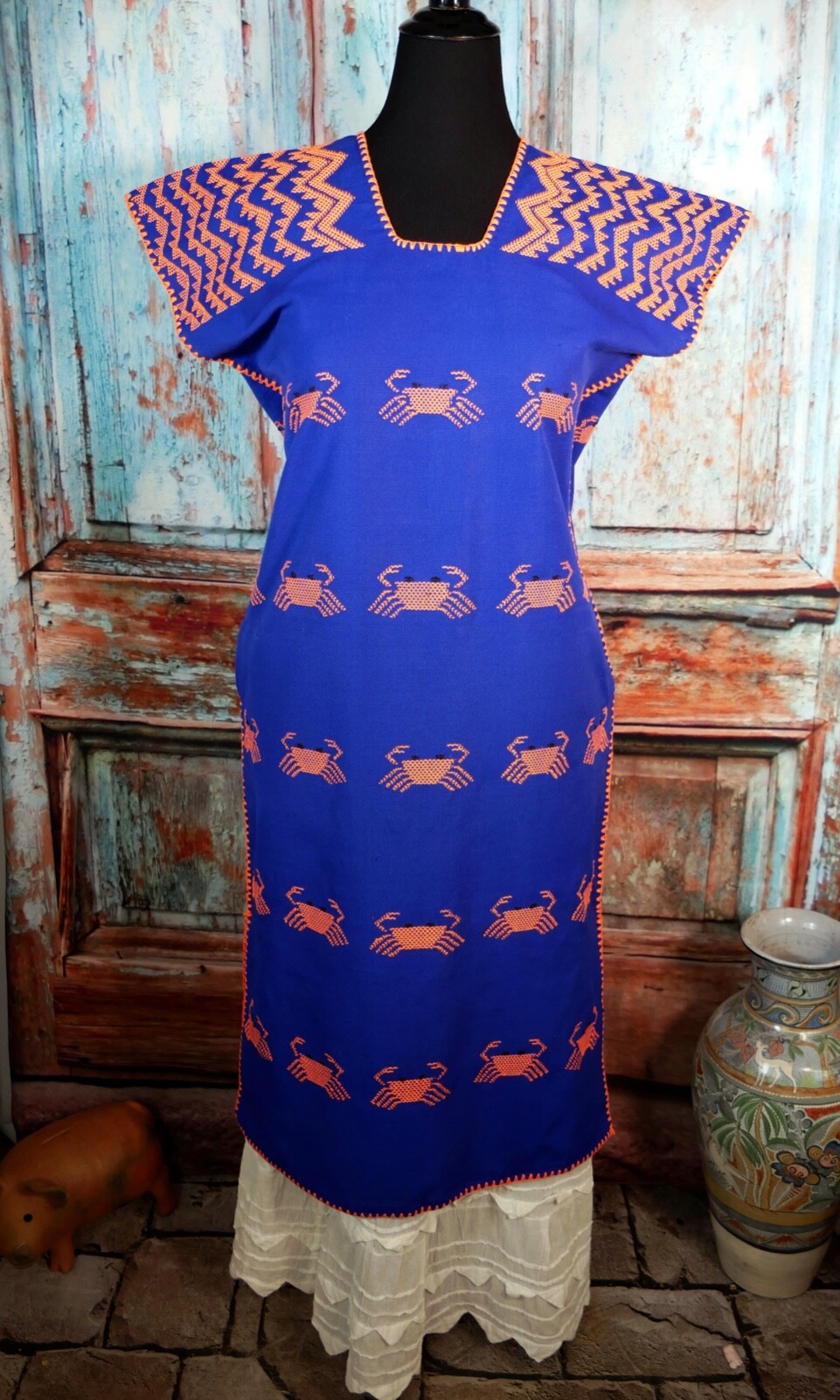 M/L Huipil Kaftan Handwoven Blue & Orange Crabs San Juan Colorado Oaxaca Mexico