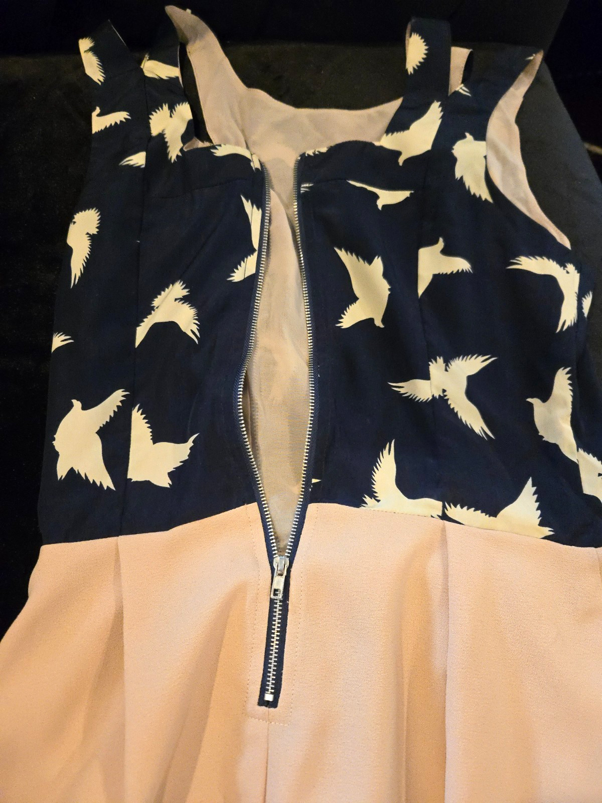 Swallow Bird Print Cutout Cold Shoulder Dress S Navy Beige Indie Flare Mini