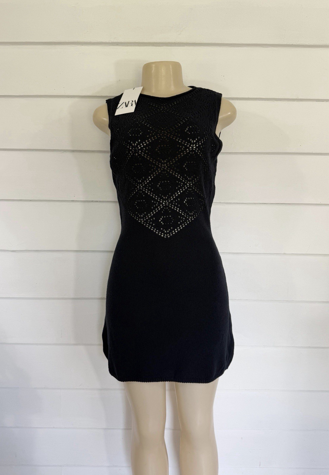 New Zara Navy Blue Pointelle Knit Sleeveless Dress Semi Sheer Size S