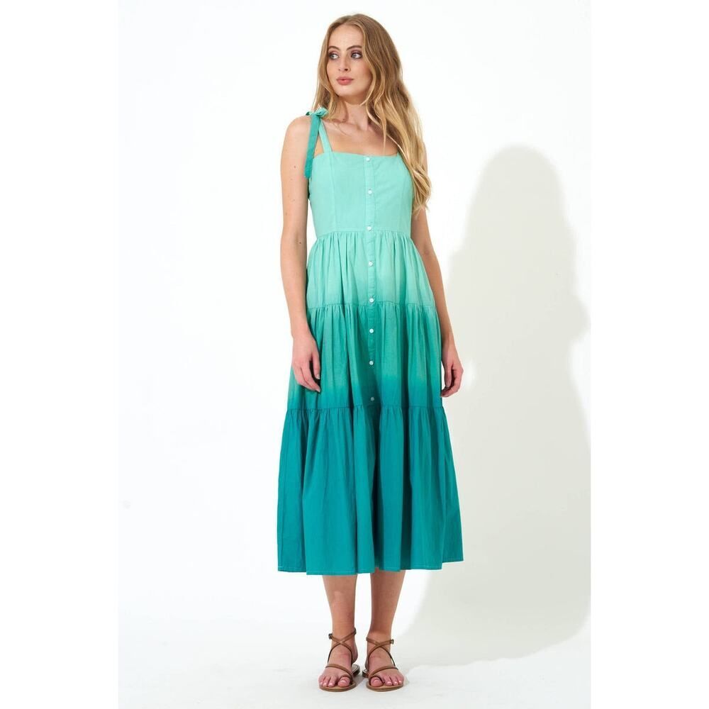 Oliphant NEW Tie Strap Button Cotton Poplin Midi Dress in Ombre Green – Size XS