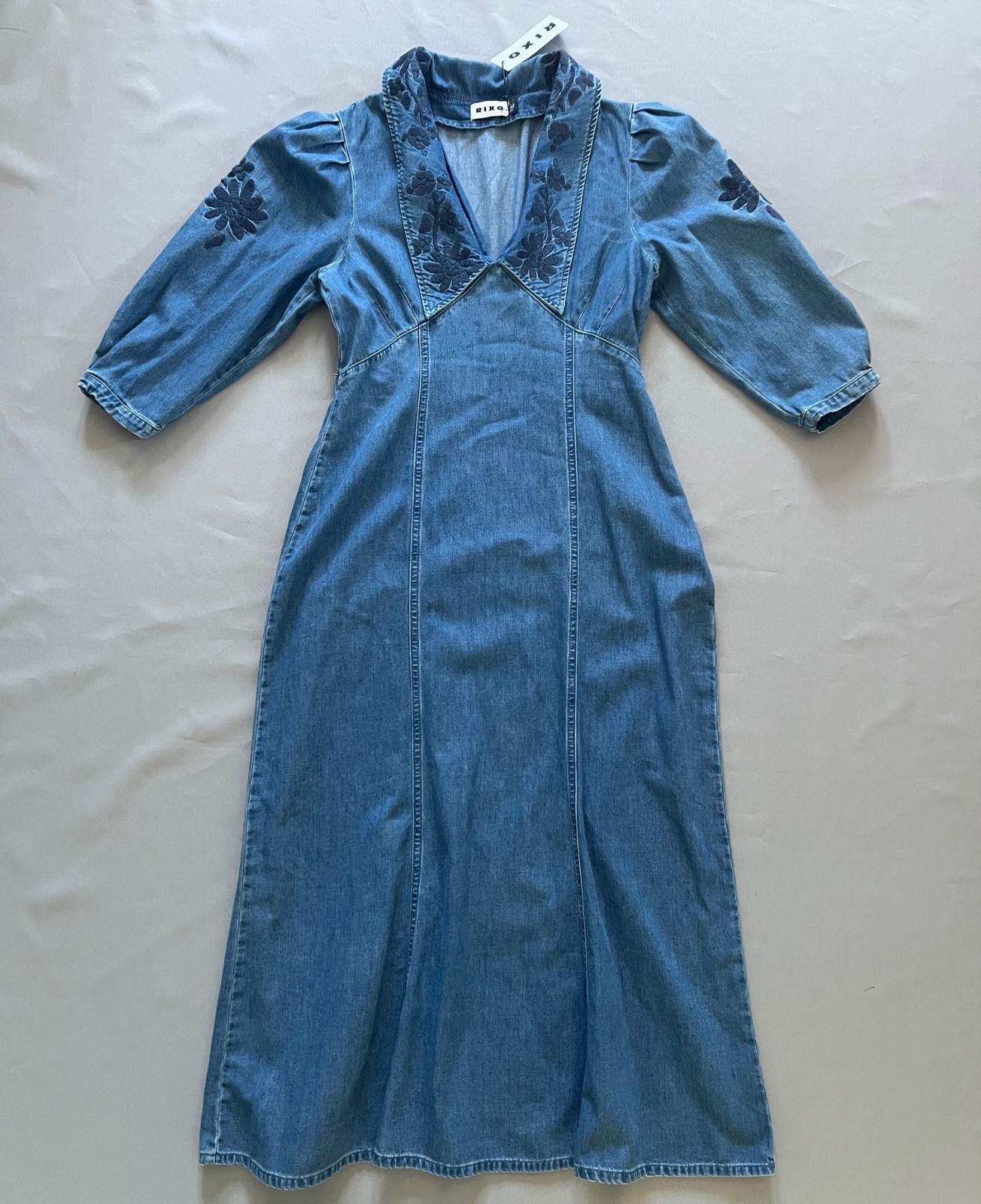 RIXO MALIA FLORAL-EMBROIDERED DENIM DRESS Large SZ L UK 14 EU 42 NEW, WITH TAGS