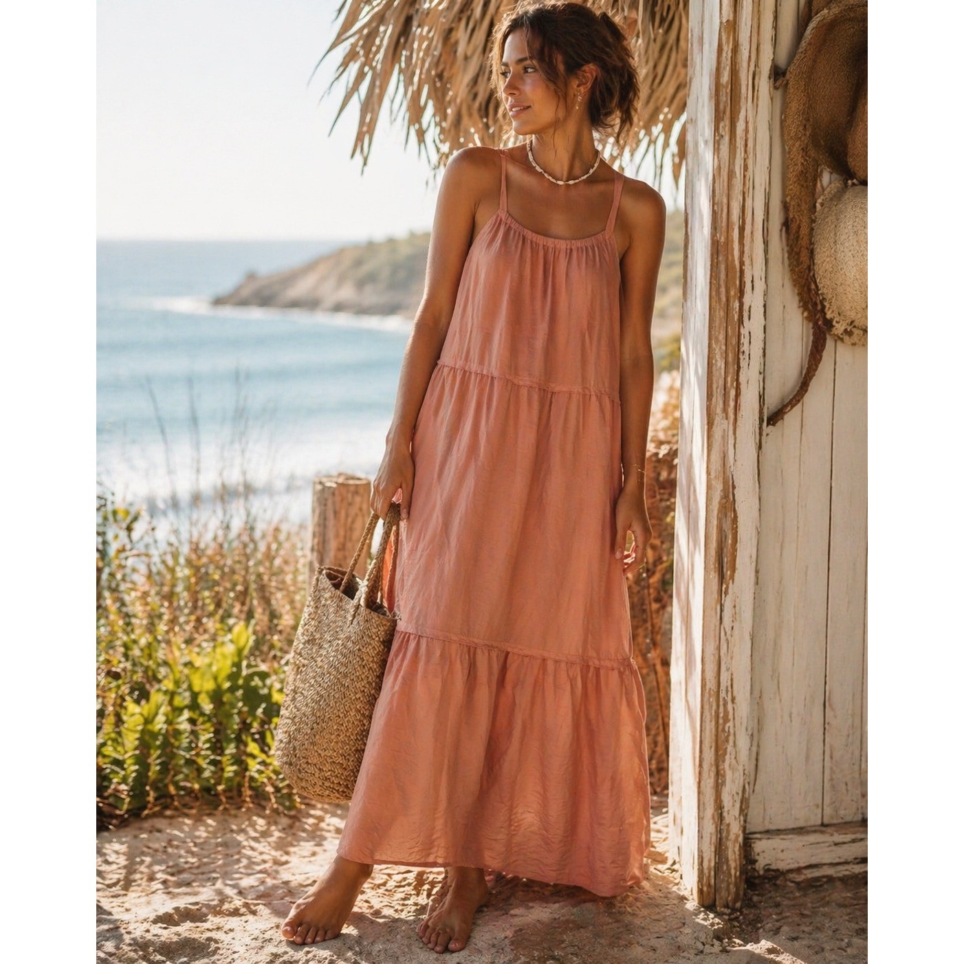 Misguided Womens Dress US 0 Peachy Coral A Line Sundress Tiered Flowy Beachy