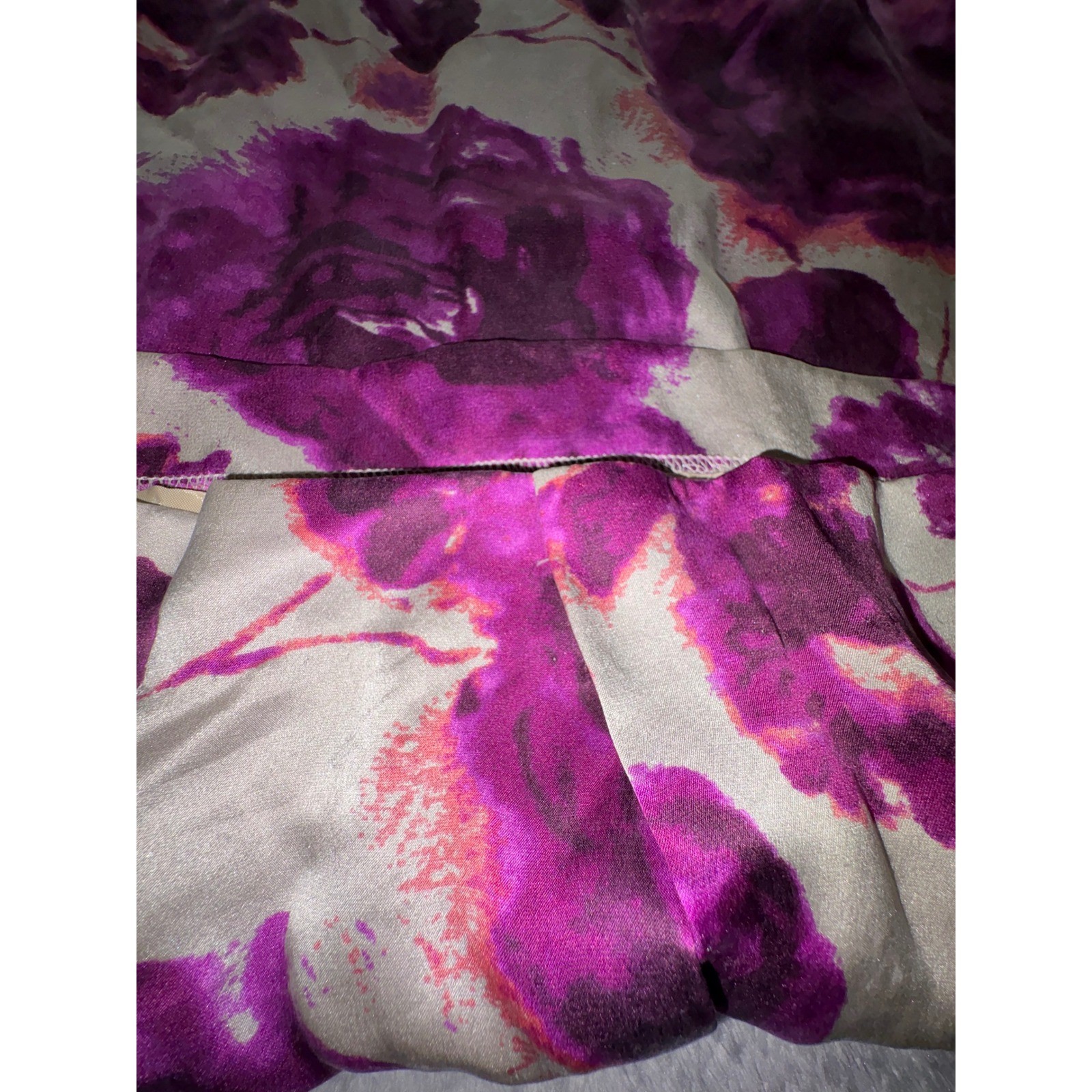 (B5) Moda International Silk Purple Floral Rose Puff Sleeve Midi Dress 14 NWOT