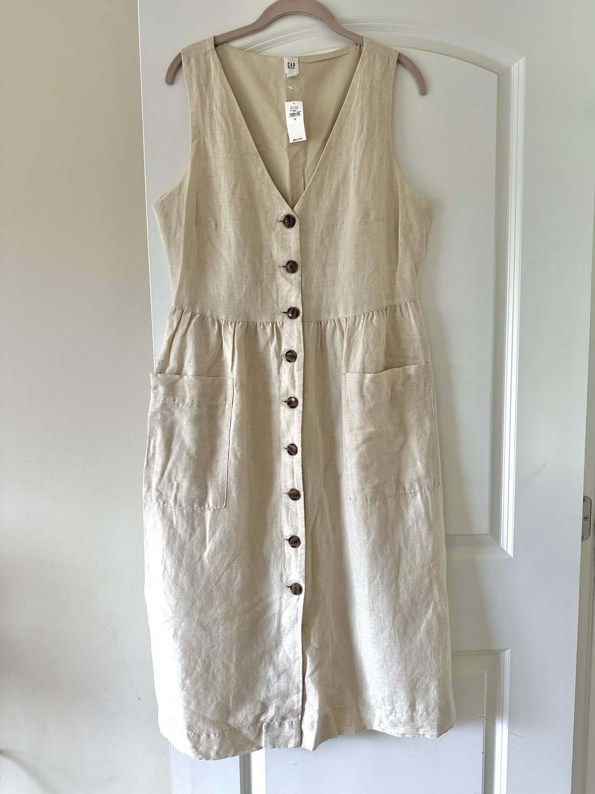 NEW Gap Linen Cotton Midi Sleeveless Button Dress Pockets 12 Tan Khaki Ivory LG