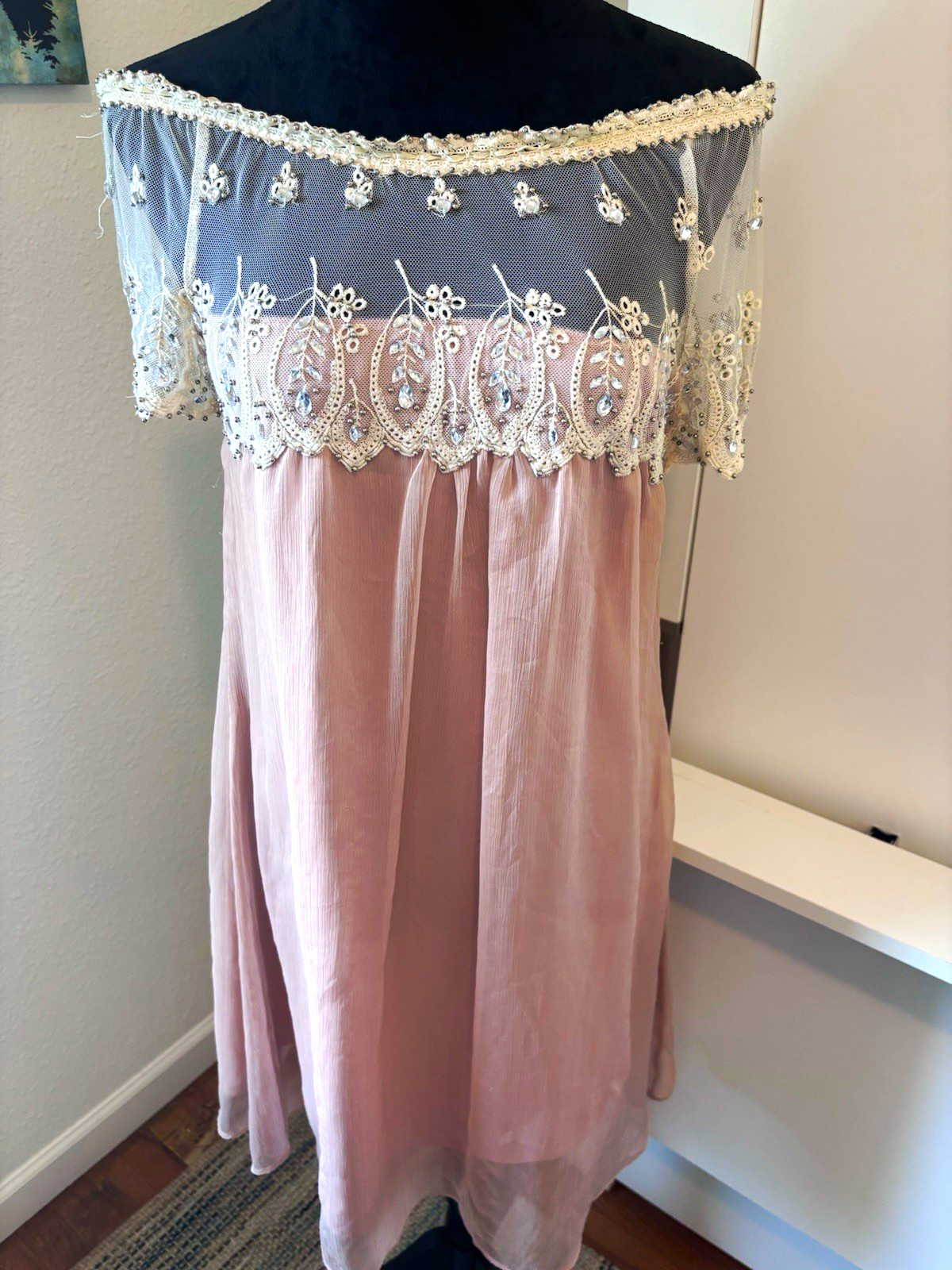 Ryu Pink/Ivory Off Shoulder Lace Sheer Slip Dress Beaded Embroidered, M