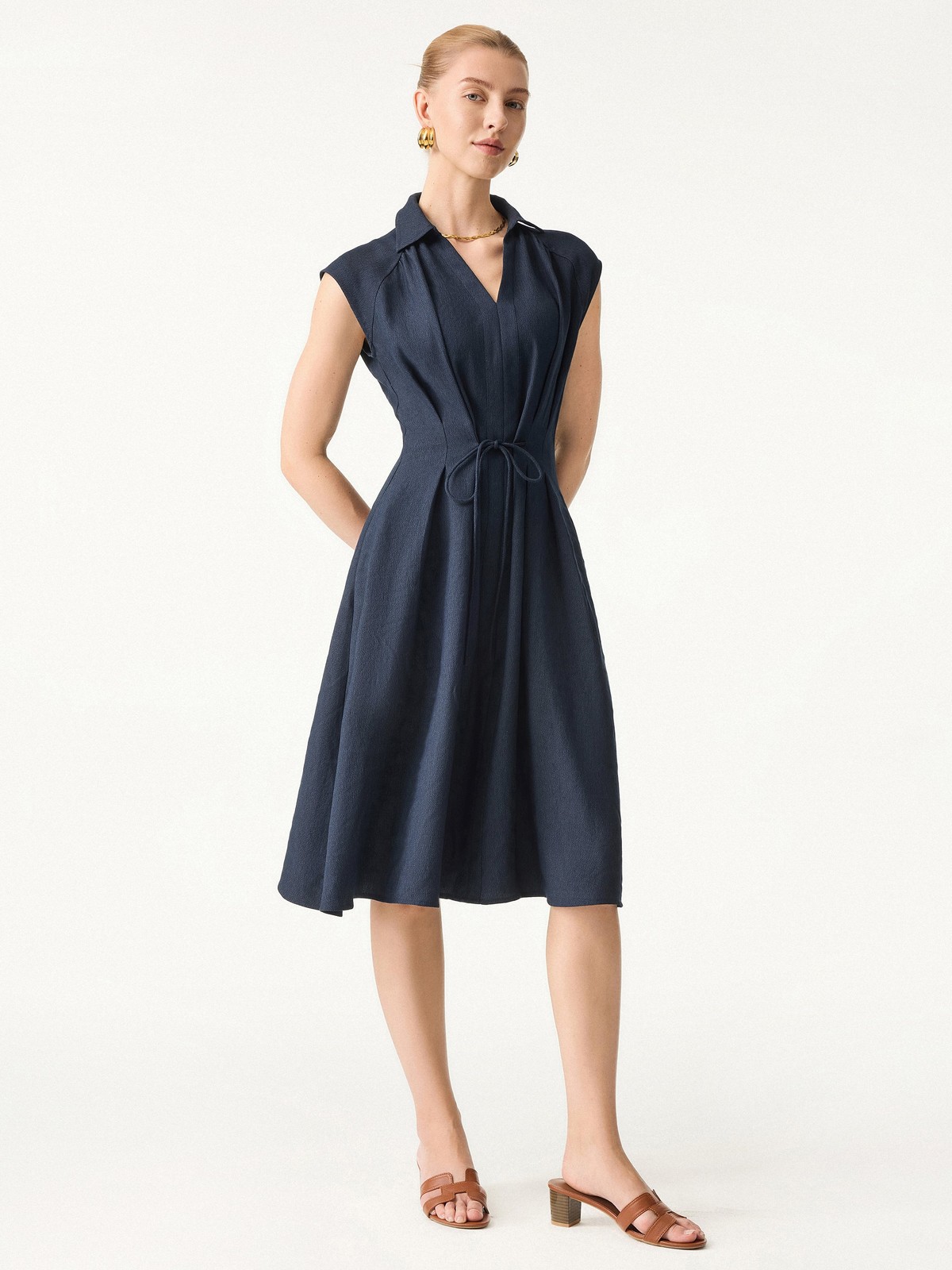 OGL Viscose Linen Collared V Neck Midi Dress Drawstring Waist Summer