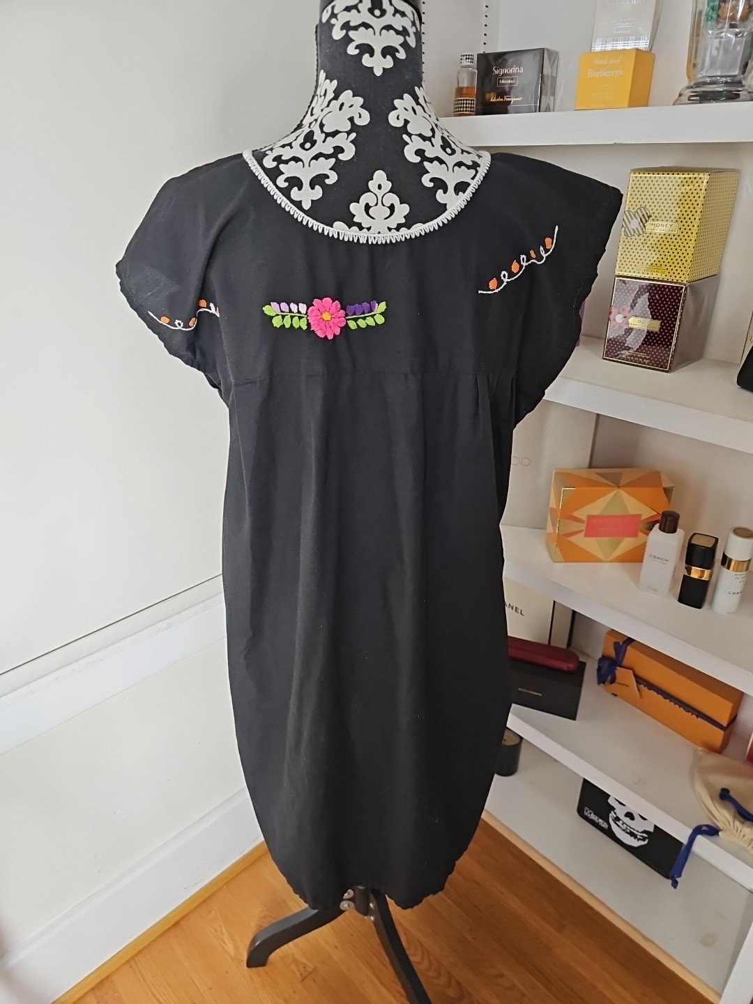 Mexican Dress Puebla Short Mini Summer Dress | For Women M/L 42 bust Black 38L
