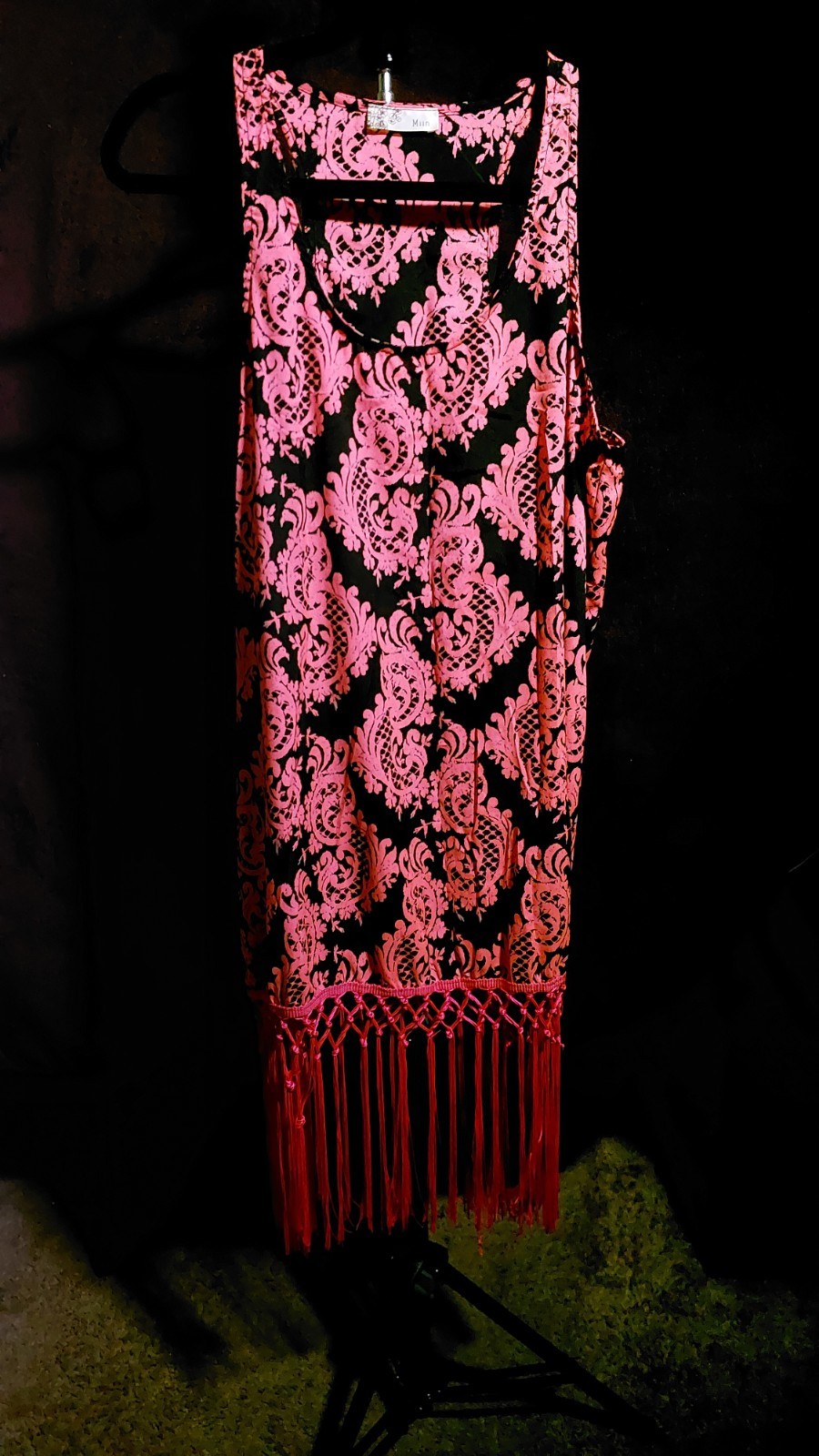 Miin Pink/Black Floral Scoop Neck Sleeveless Fringe Hem Mini Dress Women’s M