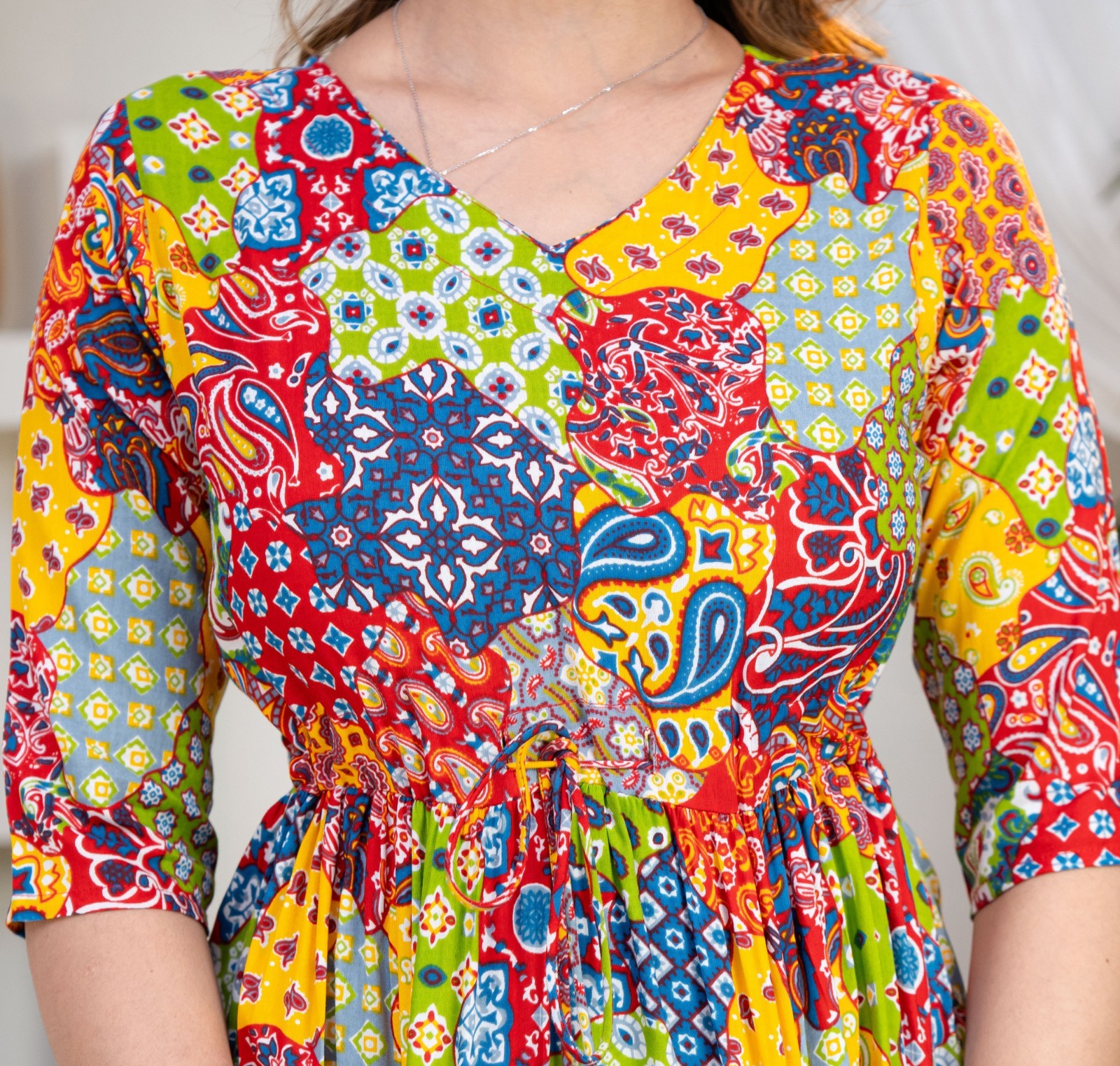 Handmade Patchwork Rayon Midi Dress – Colorful Boho Tiered Summer Style