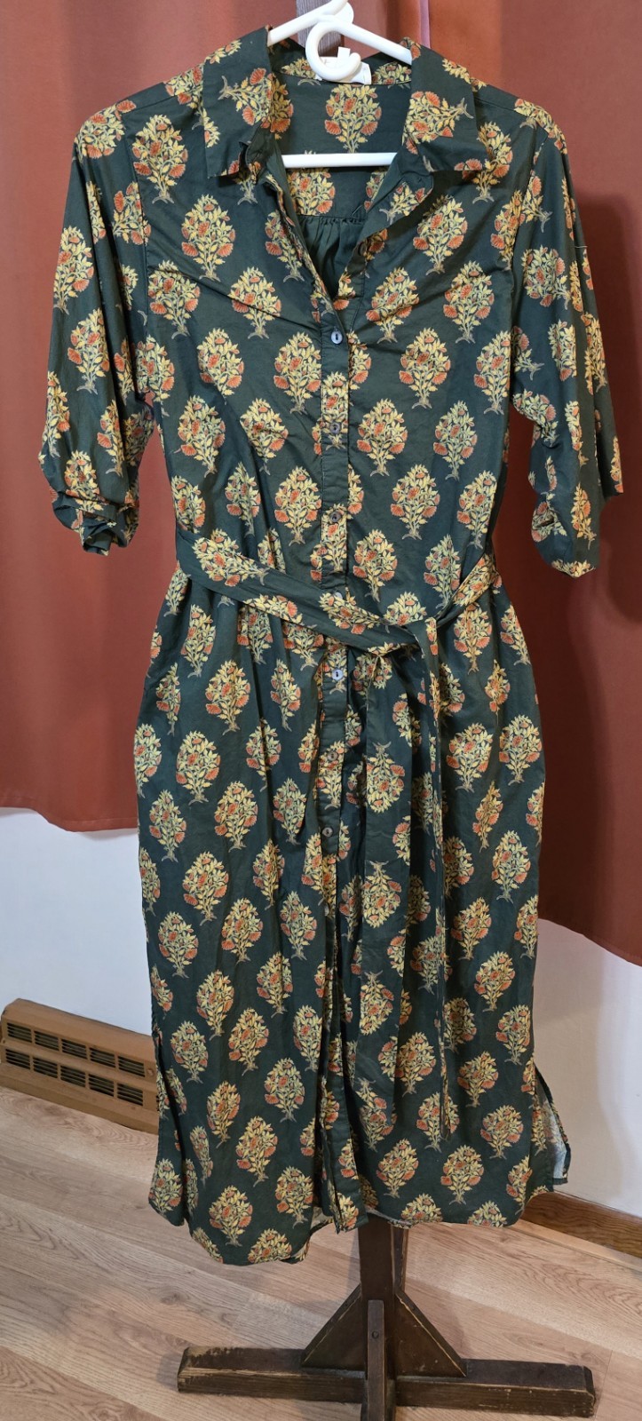 Green Floral Button Down Dress With Pockets And Side Slits