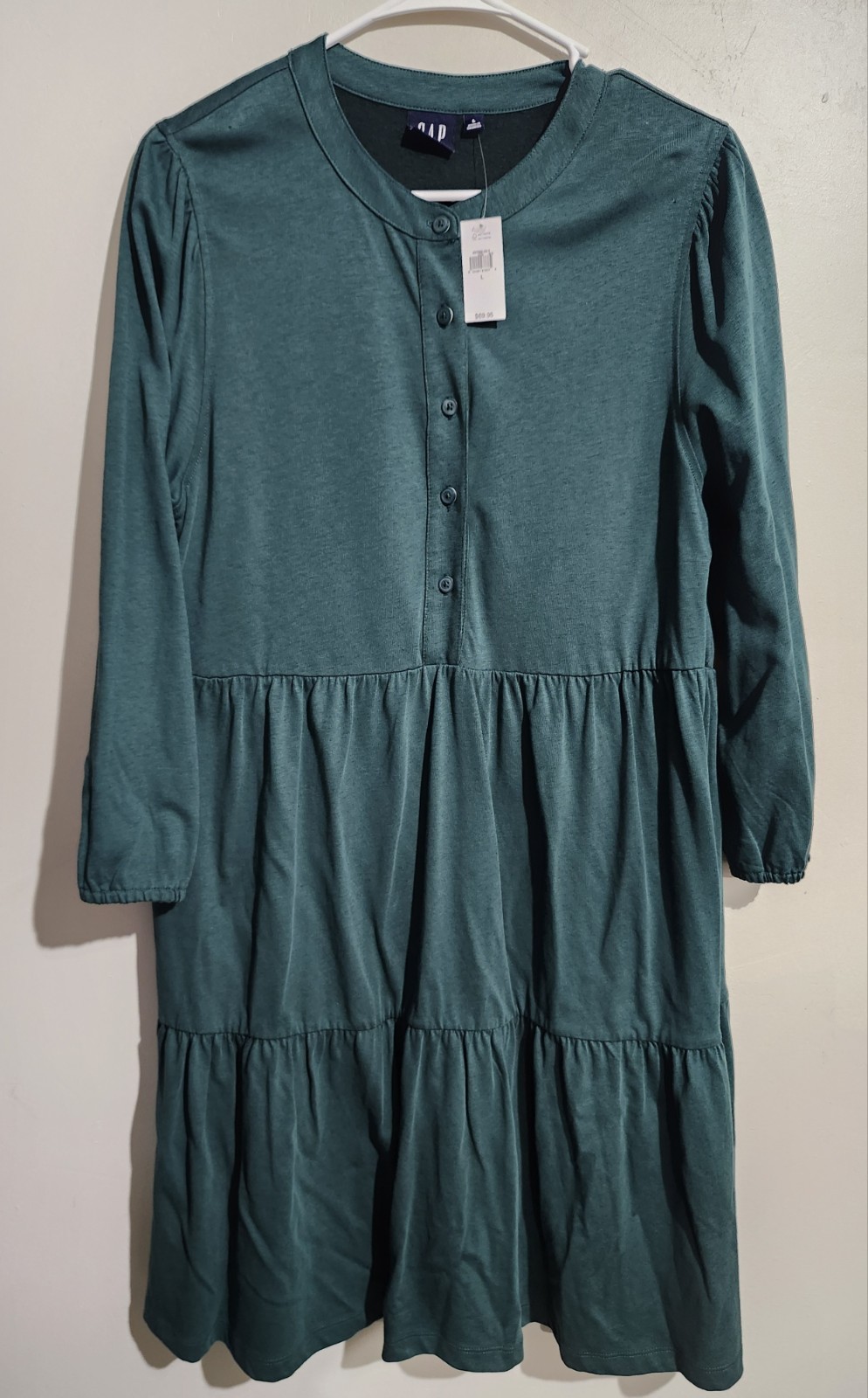 GAP Green Knit Button Tiered A-Line Dress Long Sleeve L Knee Length 60% Cotton