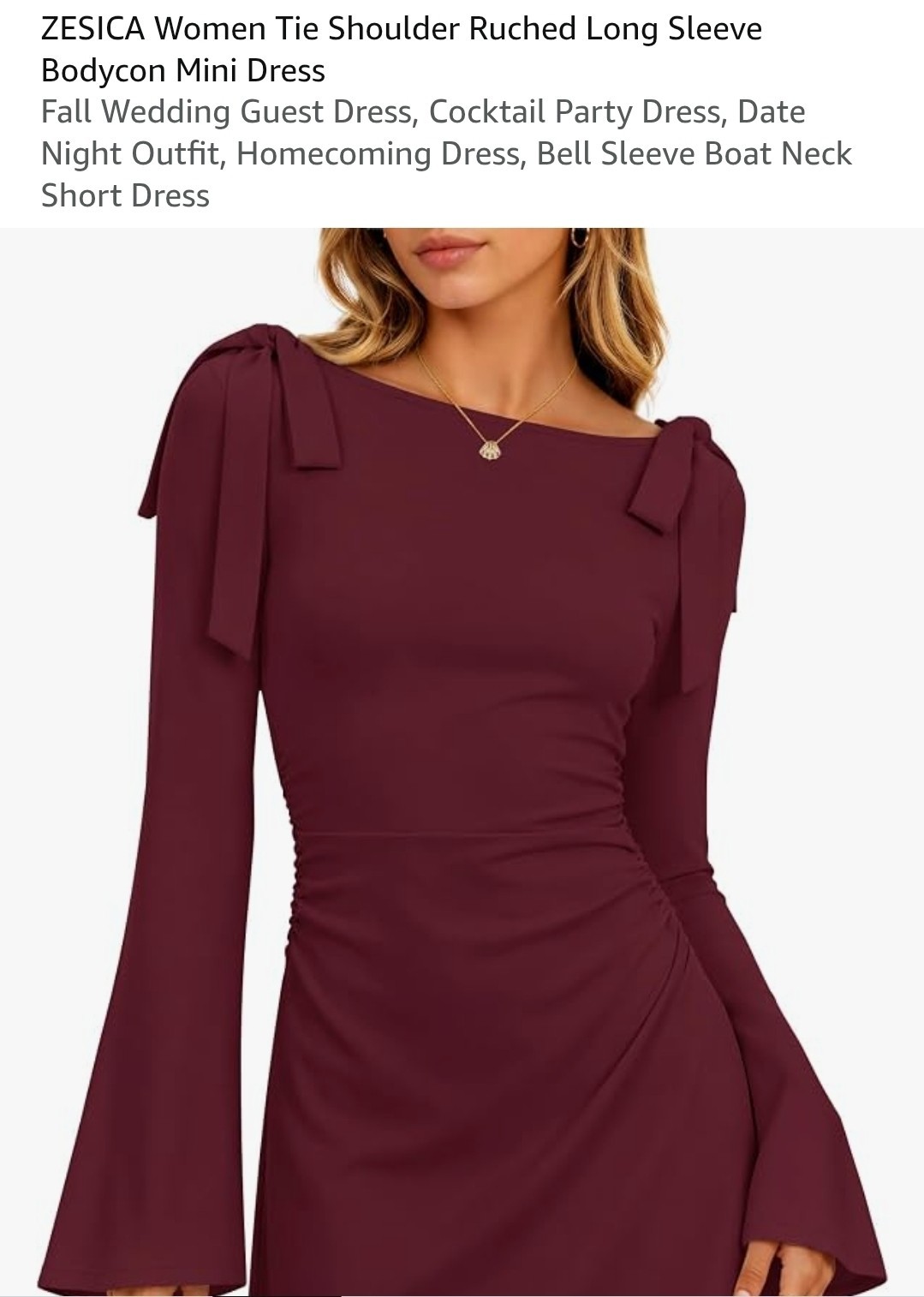 ZESICA Burgundy Ruched Stretch Boat Neck Bell Sleeve Bodycon Mini Dress L