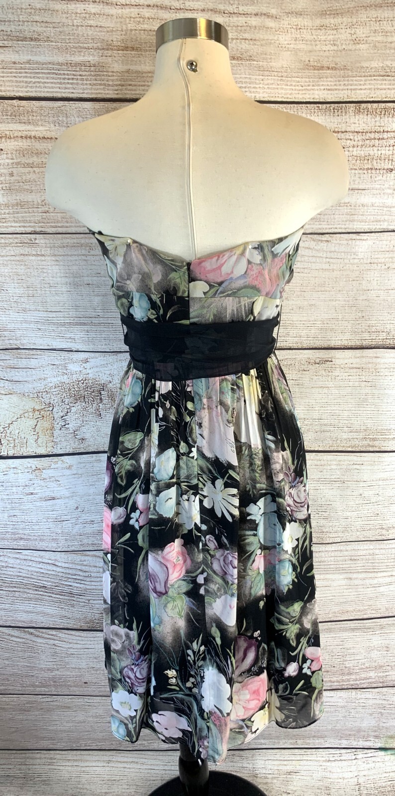 SIRI Strapless Party Dress 8 Black Floral 100% Silk Tie Belt Empire Waist Pleats