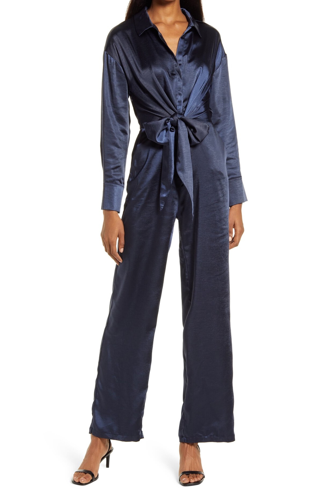 4th & Reckless Alexander Belted Long Sleeve Satin Jumpsuit SZ S Navy