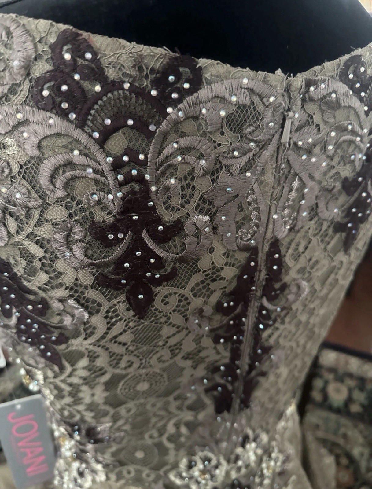 Jovani – Embellished Lace A – Line Evening Gown Taupe Size 14