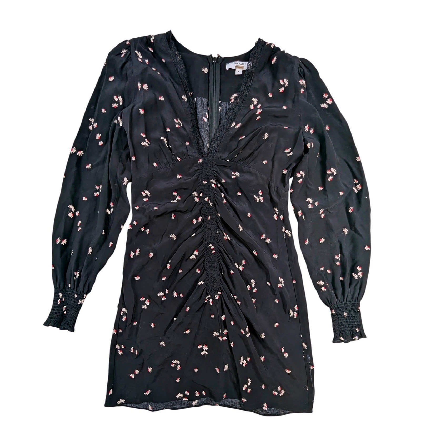Thakoon Collective Floral Ruched Mini Dress Women’s 4 Black V-Neck