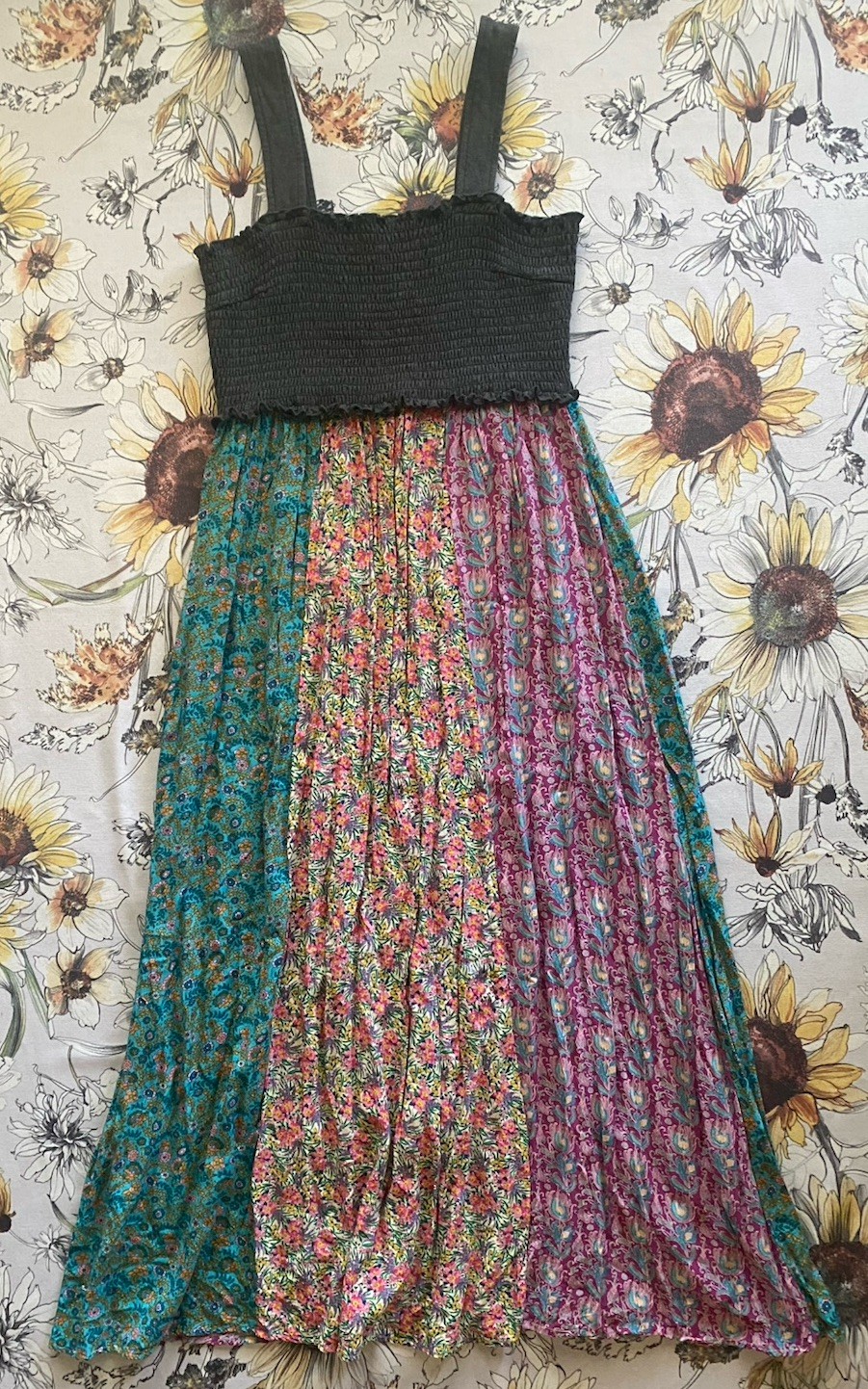 Natural Life Smocked Mixed Media Floral Print Maxi Dress Boho Size Large