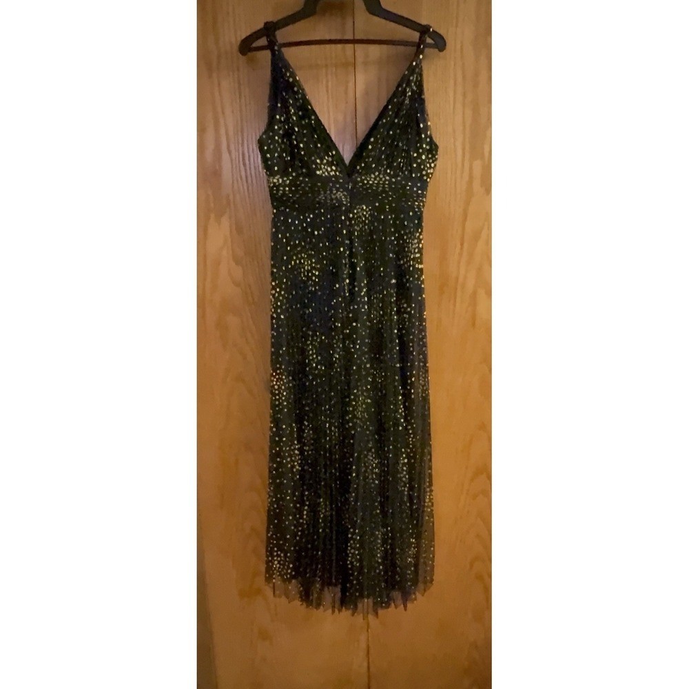 Jill Jill Stuart Black Gold Polka Dot Pleated Tulle V-Neck Gown Dress Size 6