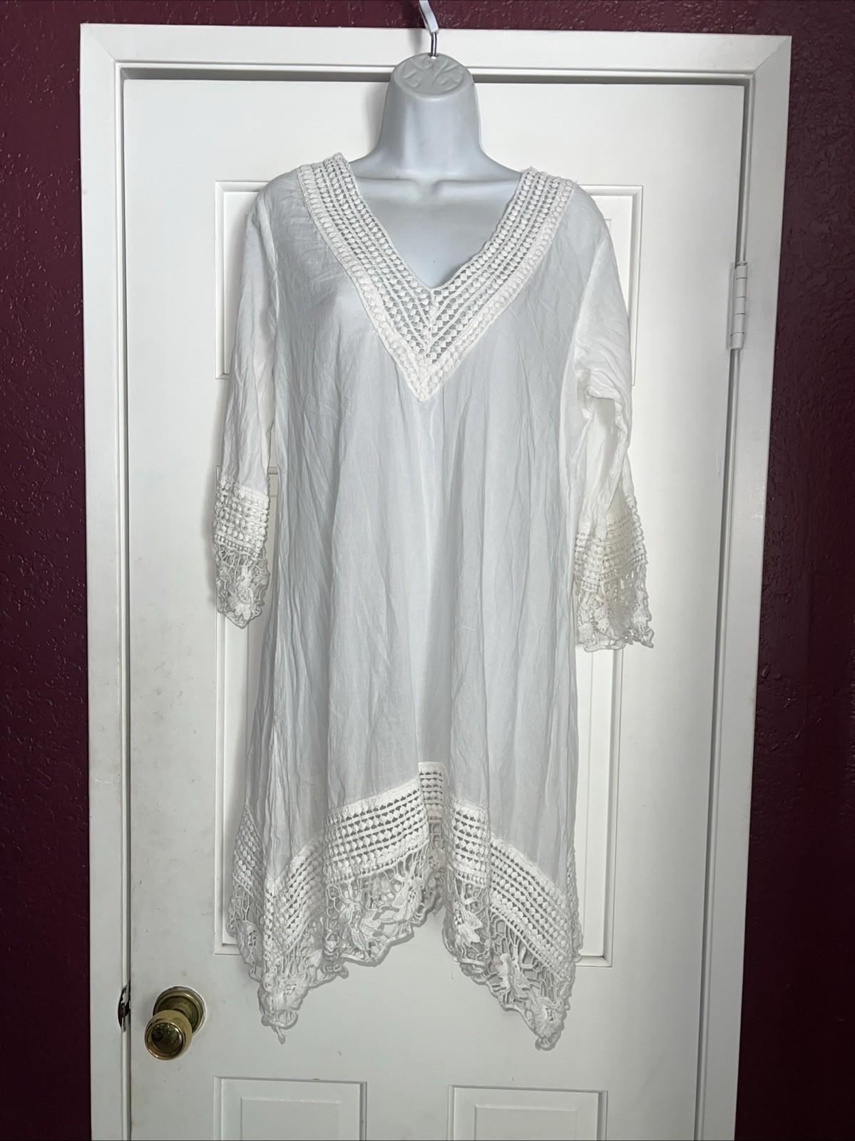 Cute Options White Boho Peasant Dress – Size M Crochet Cotton