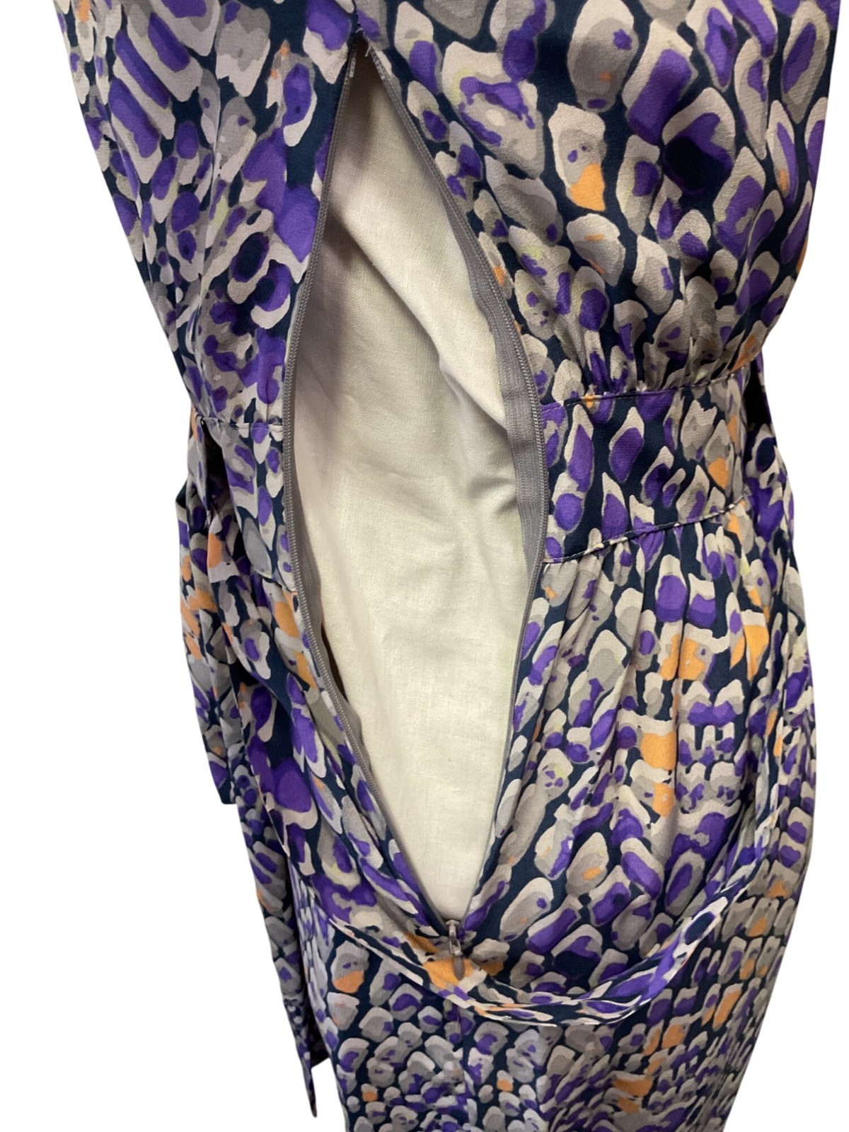 Presley Skye XS 100% Silk Abstract Print Wrap Dress W/ Belt Purple Peach & Grey