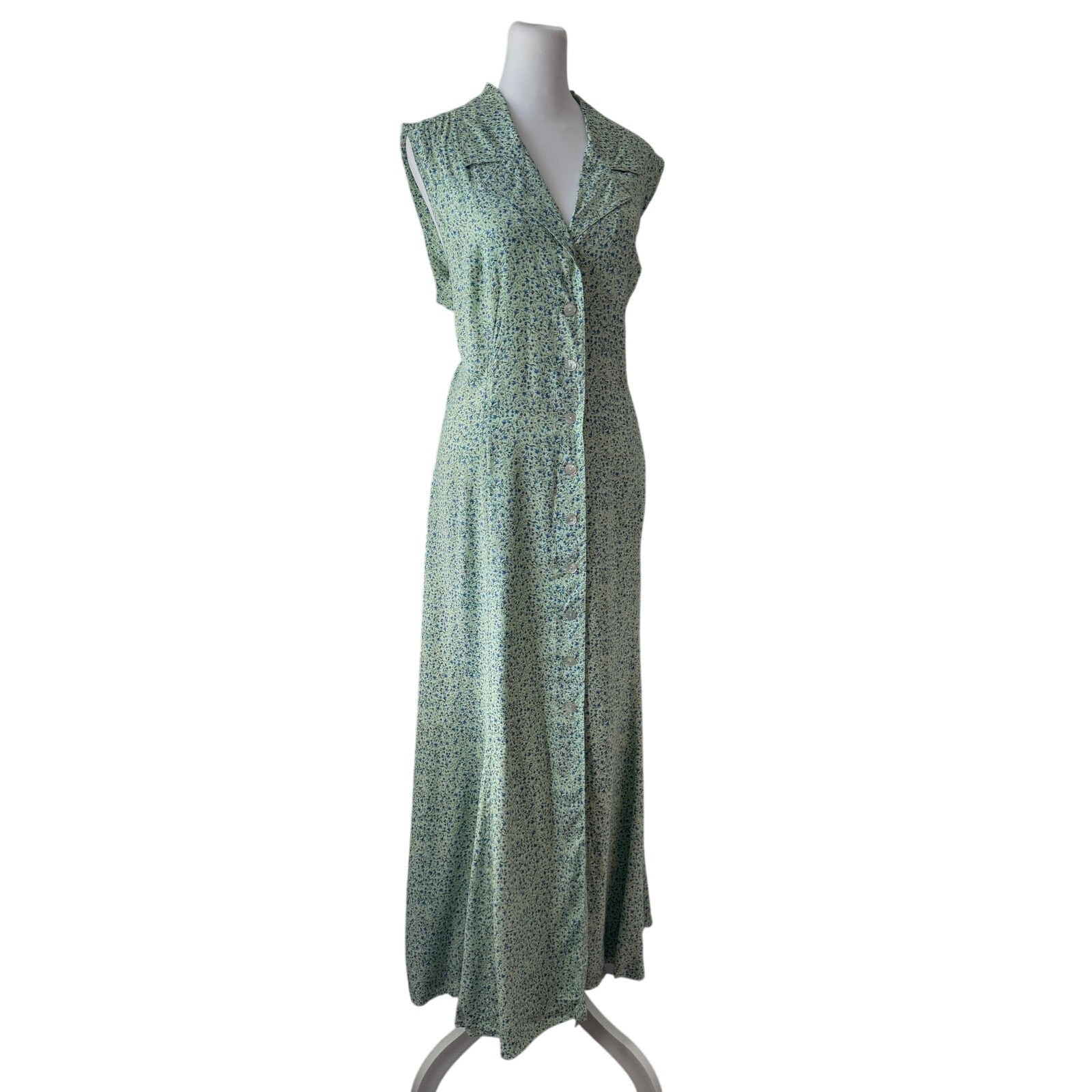 Vintage Y2K Robbie Bee Mint Green Floral Print Collared Button Front Maxi Dress