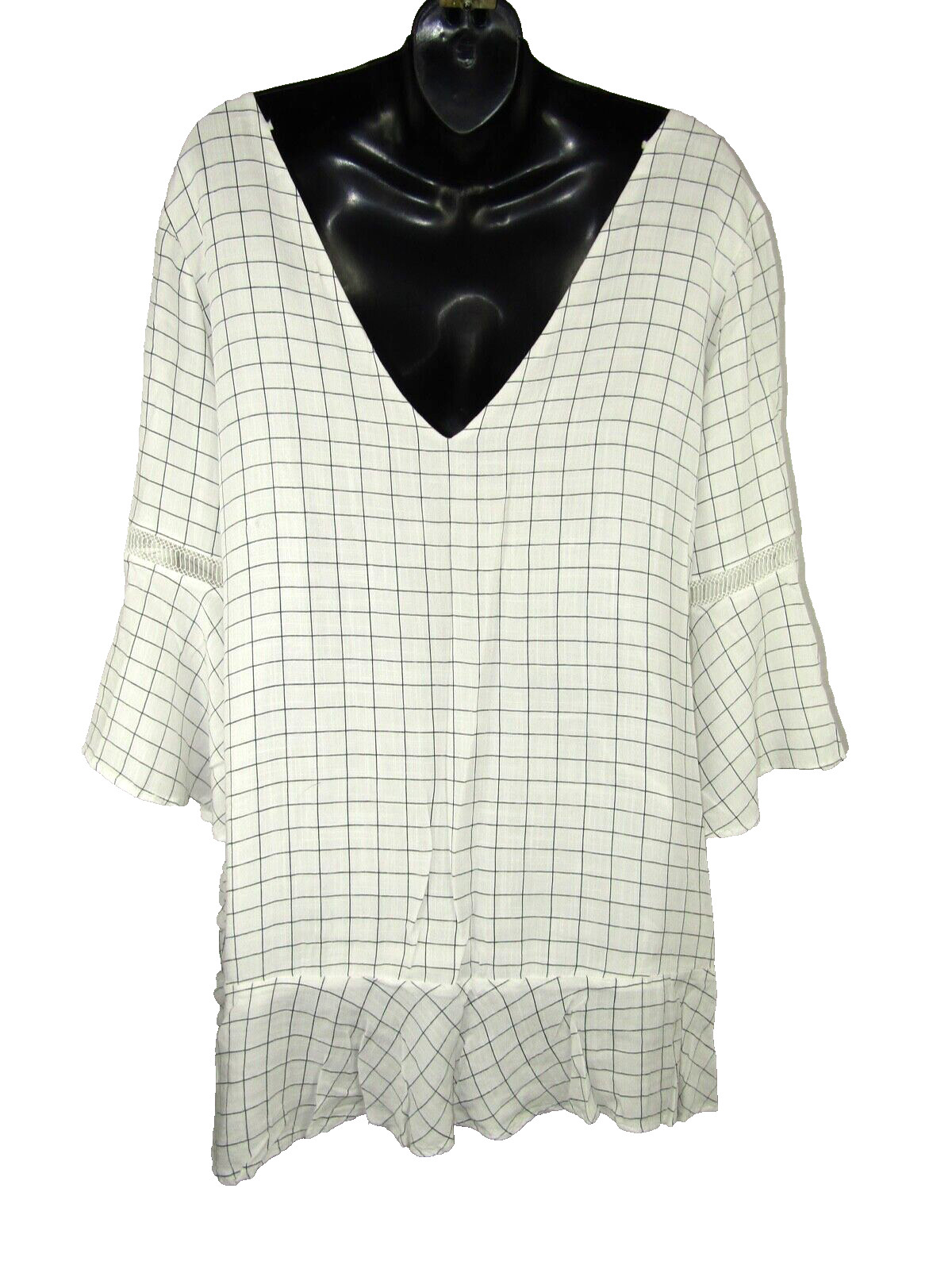 Sancia Windowpane Shift Mini Dress Small White Multi 3/4 Flutter Sleeve V Neck