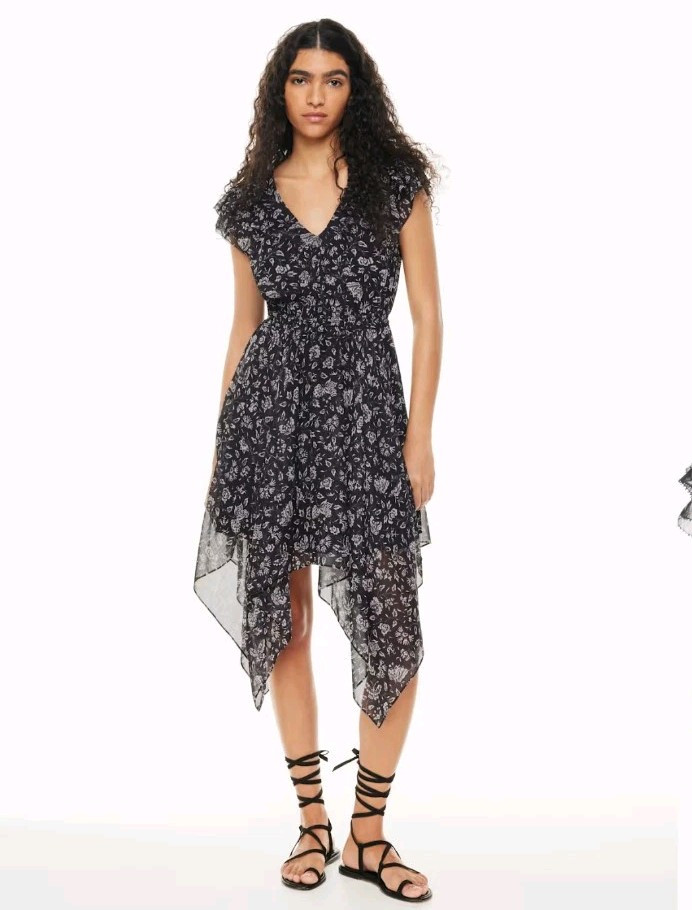 Little Moon Aritzia Women’s Black Hankie Floral Dress Sz XXS Stretchy Waist 139