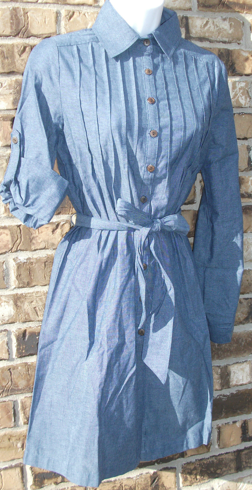 NEW OSO CASUALS blue long/fold sleeve button front Chambray dress,S,M,L,XL,2X,3X